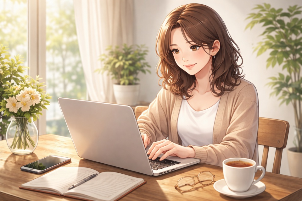 自宅のテーブルでノートパソコンを使って作業する女性のイラスト。コーヒーやノートが置かれた落ち着いた空間で、副業や在宅ワークをしている様子を表現。