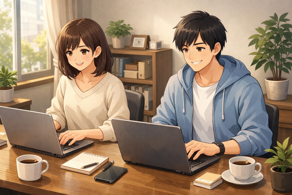 在宅のデスクでノートパソコン作業をする男女のアニメイラスト。自然光が差し込む明るい部屋で、コーヒーやメモ帳、観葉植物に囲まれながら、スキマ時間にデータ入力の副業をしている様子。