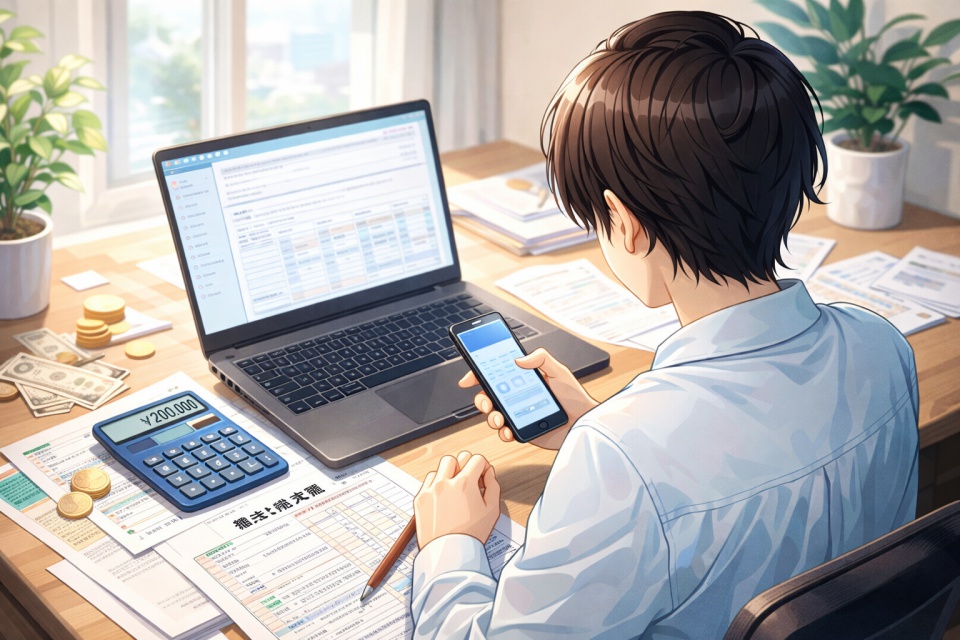 自宅のデスクでノートパソコンとスマホを使い、副業の確定申告書類を確認している人物の後ろ姿。明るい室内で落ち着いて作業する様子を描いたアニメ風イラスト。