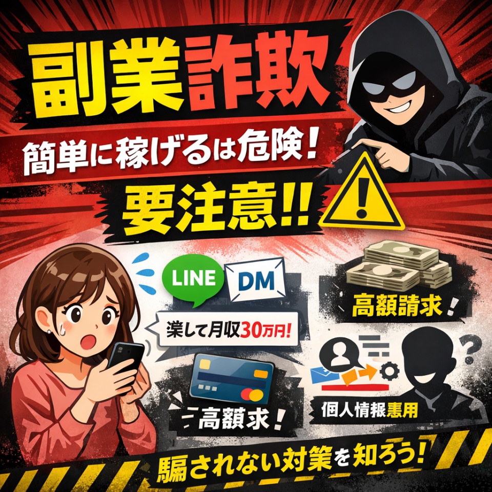 副業詐欺に注意を呼びかける警告画像。フードをかぶった詐欺師、驚く女性、LINEやDM、クレジットカード、高額請求、個人情報の悪用などのイラストとともに、『副業詐欺』『簡単に稼げるは危険！』『要注意！！』などの警告文が強調されている。