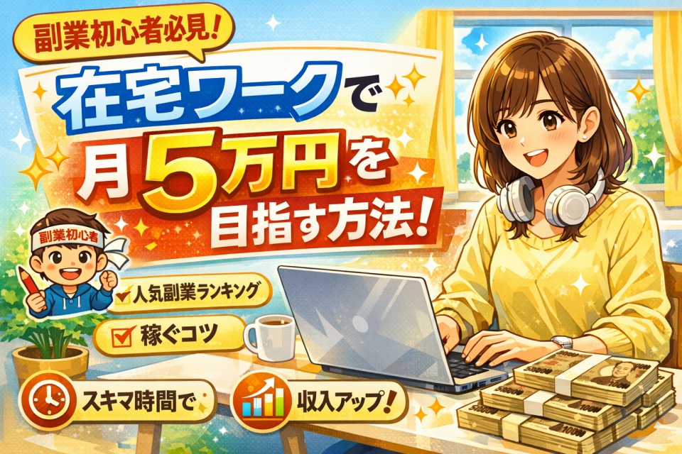 副業初心者の女性が明るい部屋でノートパソコンを操作しながら笑顔で作業しているイラスト。テーブルには紙幣の束とコーヒーカップが置かれ、背景には「在宅ワークで月5万円を目指す方法！」と書かれたカラフルなバナー。人気副業ランキング・稼ぐコツ・スキマ時間・収入アップといったキーワードも描かれている、ポジティブで活気あるビジュアル。