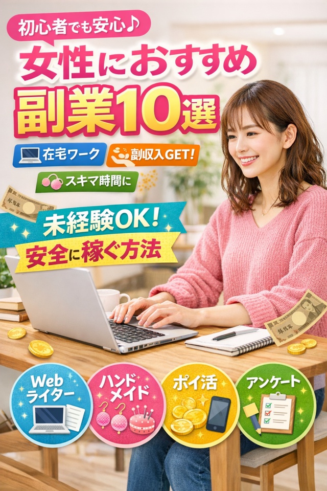 「初心者でも安心♪女性におすすめ副業10選」と書かれたブログ用バナー画像。 ノートパソコンで作業をする若い女性の笑顔の写真と共に、「在宅ワーク」「副収入GET」「スキマ時間に」「未経験OK」「安全に稼ぐ方法」といった副業の魅力がアイコンで強調されている。 下部には「Webライター」「ハンドメイド」「ポイ活」「アンケート」といった副業ジャンルのアイコンが並び、背景には日本円の紙幣とコインがちりばめられている。