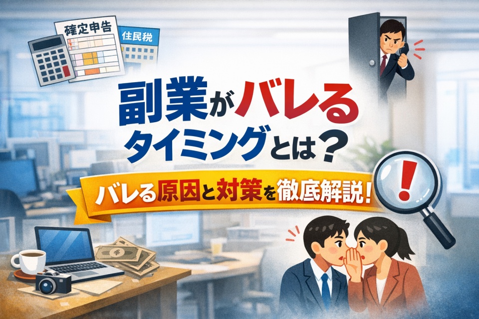 副業がバレるタイミングをテーマにしたイラスト画像。税金や住民税の書類、電卓、パソコン、現金がデスクに置かれ、背後にはオフィス内の様子が描かれている。右上には上司らしき人物がドアの隙間から覗き見る姿、右下には内緒話をしている男女が描かれており、副業のバレるリスクや噂の拡散を示唆している。中央には「副業がバレるタイミングとは？ バレる原因と対策を徹底解説！」という日本語キャッチコピーが強調されている。