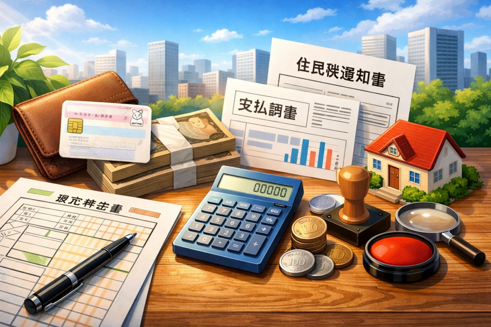 日本の確定申告をテーマにしたイラスト。木製の机の上に、住民税通知書、支払調書、確定申告書、電卓、印鑑、マイナンバーカード付きの財布、紙幣と硬貨、小さな家の模型などが並び、背景には都市のビル群と青空が広がっている。