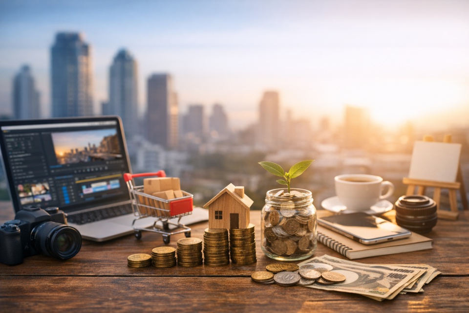 ノートパソコン、カメラ、コインが積まれた上に小さな家の模型、観葉植物が入ったガラス瓶、スマートフォン、コーヒーカップ、日本円の紙幣と硬貨などが木製のテーブルに並べられ、背景には高層ビルのシルエットが夕日を浴びてぼんやりと映る。副業や在宅ワーク、資産運用を象徴するアイテムが揃ったシーン。