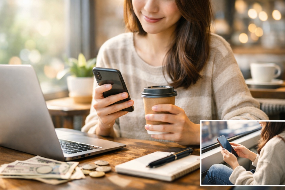 明るいカフェの一角で、若い女性がスマートフォンを操作しながら副業作業に集中している様子。テーブルにはノートパソコンとコーヒーが置かれており、窓から差し込む自然光がリラックスした雰囲気を演出している。