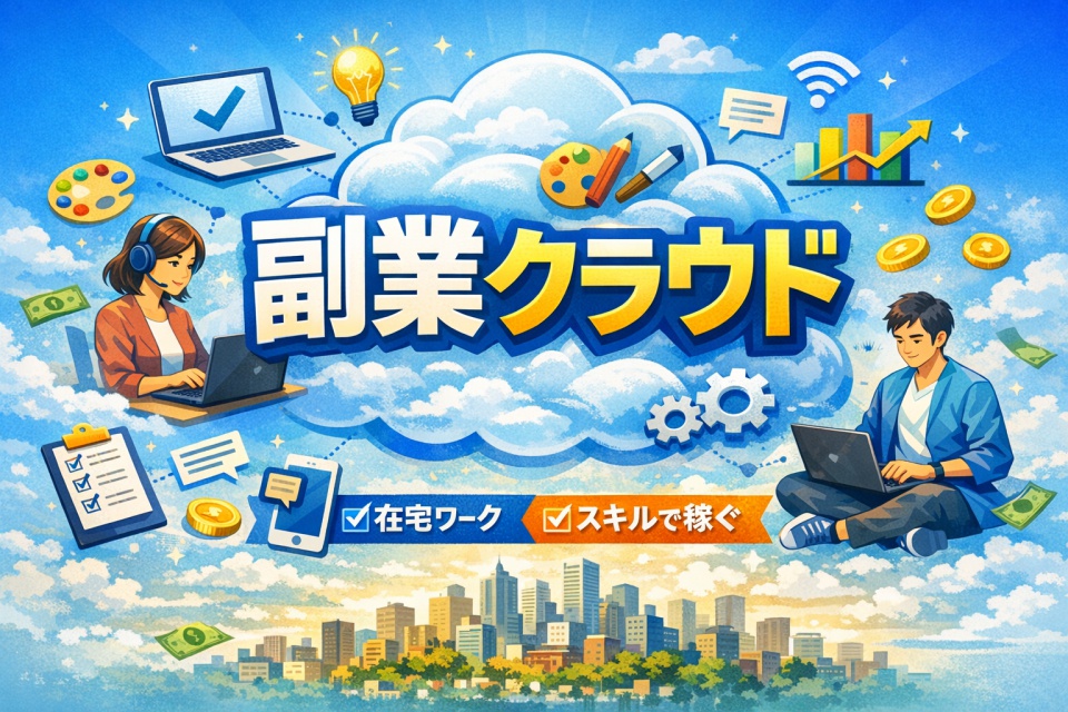 青空を背景に、中央に大きく「副業クラウド」と3D風の日本語文字が描かれている。周囲にはクラウド型のイラストに、ノートパソコン、電球、Wi-Fi、歯車、グラフ、パレットなど副業やフリーランスを象徴するアイコンが浮かんでいる。左右にはPC作業中の男女が描かれており、下部には「在宅ワーク」「スキルで稼ぐ」のチェックマーク付きテキストがある。全体的に明るく活気のある雰囲気。