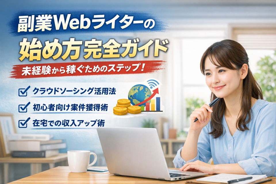 ノートパソコンで作業する若い女性が微笑みながら副業Webライターの仕事をする様子を描いたイラスト。背景には書棚や観葉植物があり、明るい在宅ワークの雰囲気。左側には「副業Webライターの始め方完全ガイド」「未経験から稼ぐためのステップ」などのテキストと、クラウドソーシング活用法・案件獲得術・収入アップ術のチェックリストとアイコンが表示されている。