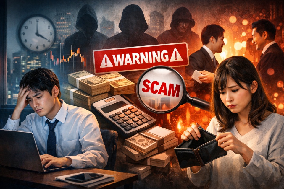 副業で失敗し悩む会社員の男性と、怪しい副業による金銭トラブルを象徴する警告イメージ。夜遅くまでパソコンに向かい疲れた表情の男性、SCAMと書かれた警告表示、現金や計算機、不安そうに財布を見る女性が描かれている。