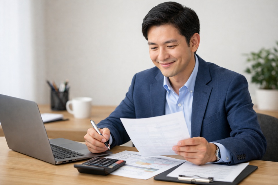 ノートパソコンと電卓、書類を机に広げ、確定申告の書類を確認しながら安心した表情で微笑む日本人会社員