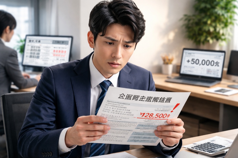 副業の住民税通知書を見て不安な表情を浮かべる20代男性会社員の写真。会社で住民税が増えて副業がバレる不安を表現したイメージ。