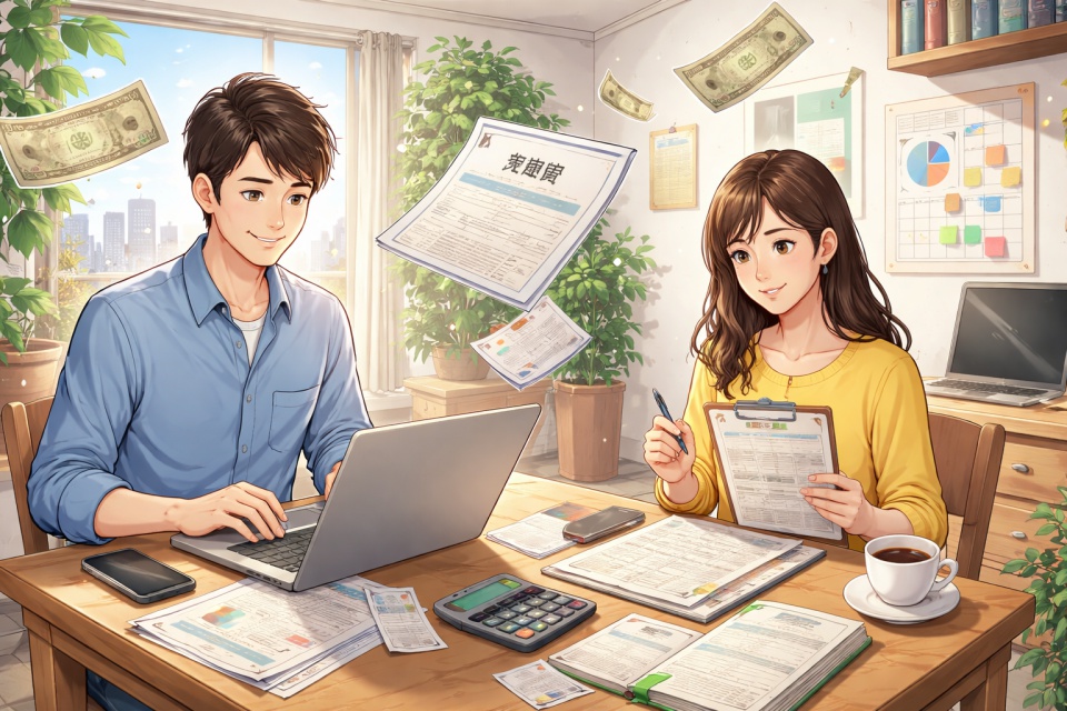 副業と年末調整の書類を確認しながら自宅でパソコン作業をする日本人男女のイラスト。住民税や確定申告をイメージした書類と電卓が机に置かれている様子。