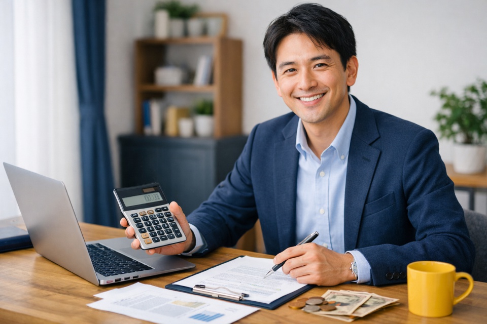 在宅のデスクでノートPCや書類、電卓を前に笑顔で作業する会社員の男性。副業の税金対策をイメージした明るいオフィス風景。