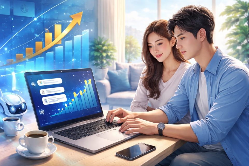 AI副業ランキングをテーマに、自宅でノートパソコンを使いAIツールと売上成長グラフを確認する若い男女の様子。生成AIを活用した在宅副業のイメージ。