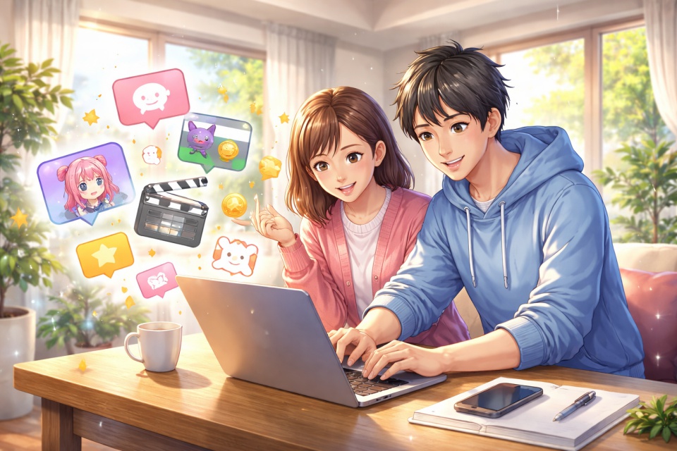在宅の明るいリビングでノートPCを使いアニメ関連の副業に取り組む若い男女。スキマ時間でブログやYouTube運営をする様子をイメージした横長ビジュアル。