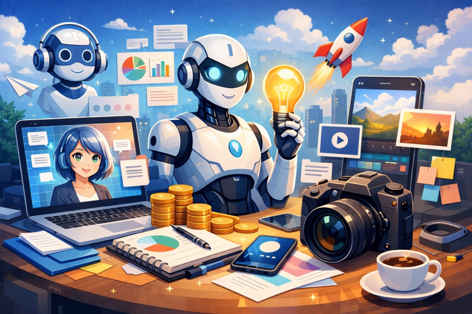 AI副業をテーマにしたイラスト。デスクの上にノートPCやカメラ、スマートフォンがあり、AIロボットがアイデアの電球を持っている。グラフや動画アイコンが浮かび、AIを活用したクラウドワークスの副業やオンラインビジネスを表現している。