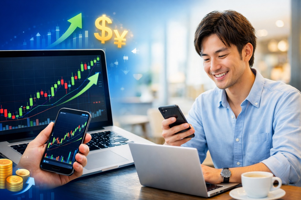 FX副業のイメージ：スマホとノートパソコンに表示された上昇チャートを見ながら取引する男性の写真