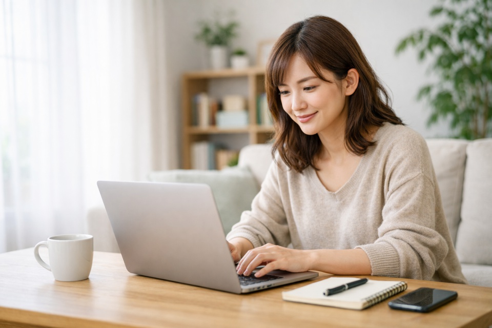 在宅でパソコン副業をする女性のイメージ｜自宅でノートPCを使い作業するリラックスしたワークスタイル