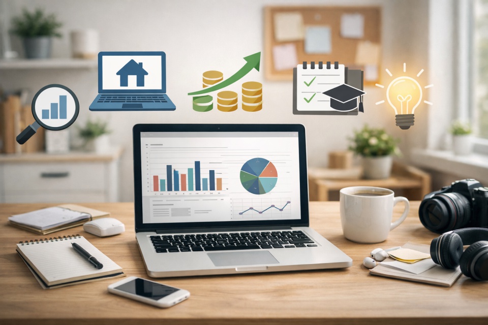 在宅ワークのデスクでノートパソコンを使いながら副業やスキルアップに取り組むイメージ。グラフや成長を示すアイコンが表示され、収入アップや資格取得を象徴しているシーン。