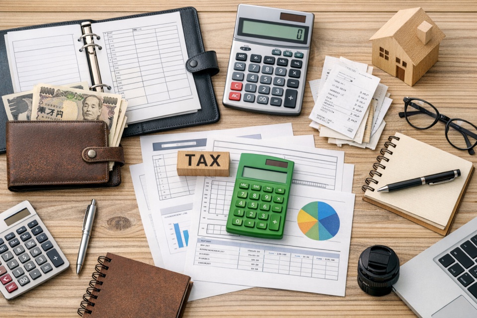 副業の確定申告に必要な書類や税務準備をイメージしたデスク上の写真。領収書や計算機、帳簿、現金などが並んでいる様子