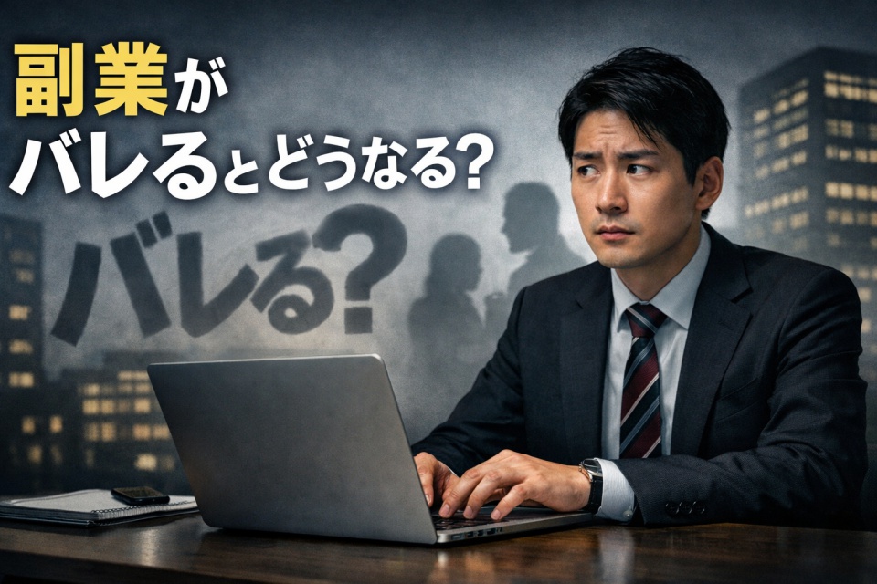 副業がバレる不安を抱えるスーツ姿の会社員がノートパソコンで作業し、背後に会社と影の人物、「バレる？」の文字があるイメージ画像