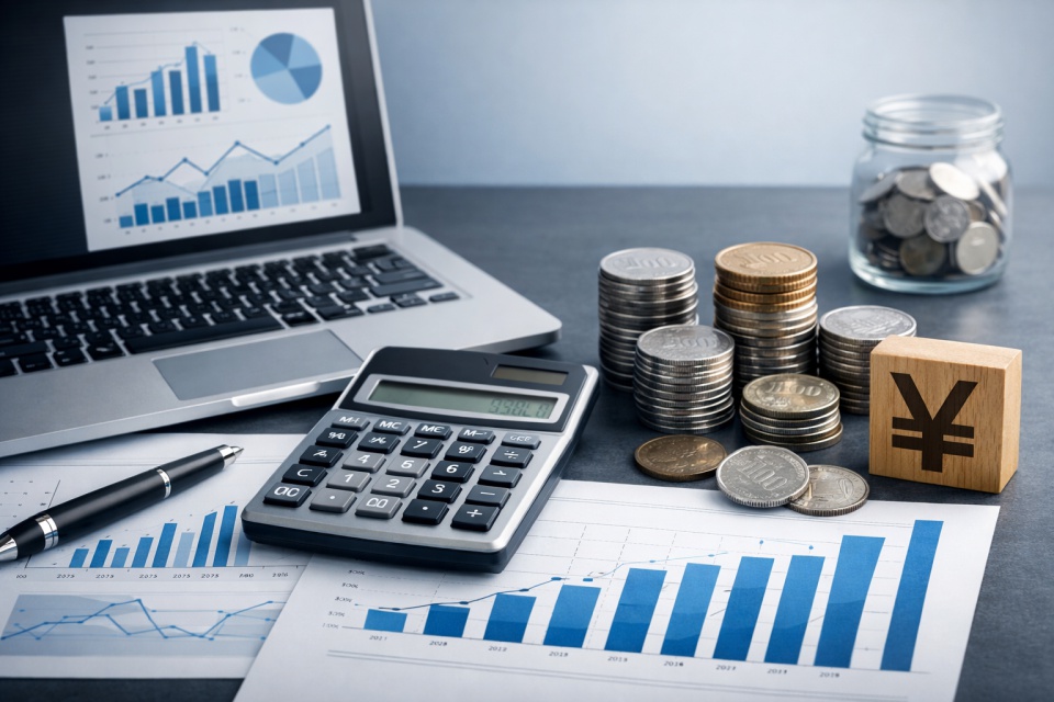 副業の税金シミュレーションをイメージしたデスク風景。ノートパソコンに表示されたグラフ、電卓、日本円のコイン、資料が並び、収入計算や手取りの分析を表現している。