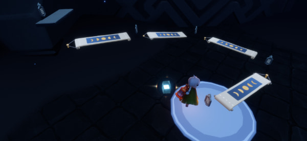 書庫の入り口のシェアスペース内に設置されたメッセージスタンドと掛け軸