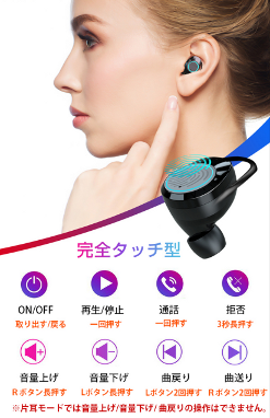 完全タッチ型ブルートゥース・イヤホン。
