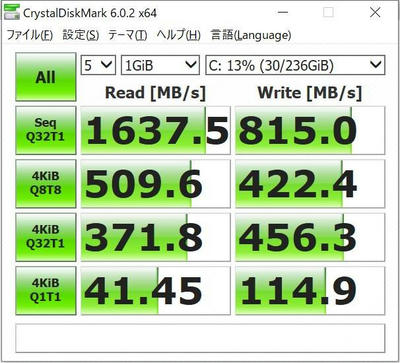 Surface laptop2 SKhynix 256GB NVMe SSDのCristalDiskMark値