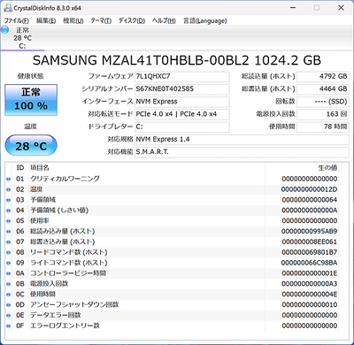 Yoga 770iのCrystalDiskInfo Samsung MZAL41T0HBLB-00BL2