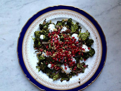 Roast Broccoli Salad with Pomegranates, Walnuts, and Creamy Dressing