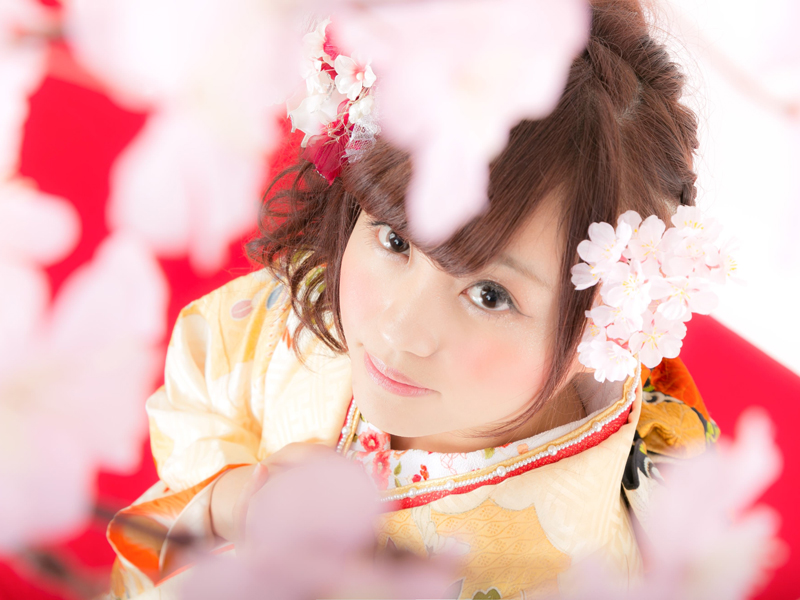 桜と着物女性