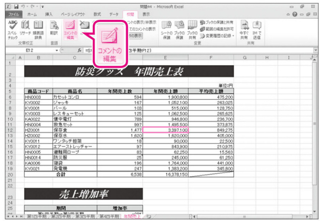 《校閲》タブーダ《コメント》グループの(コメントの編集)をクリックします