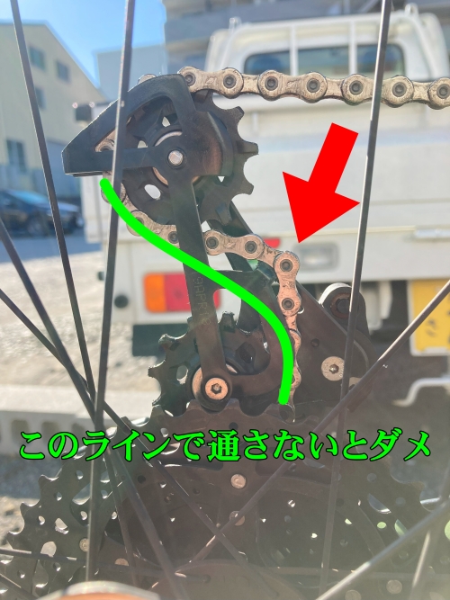誤った自転車チェーンの通し方