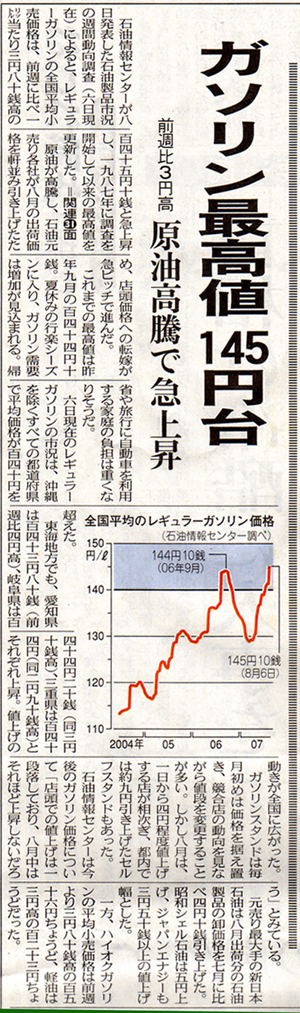 ２００７年８月９日の中日新聞１面「ガソリン最高値１４５円台」