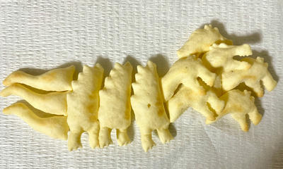 スナック菓子「おっとっと」の、パーツを探して組み合わせて恐竜がつくれるシリーズがあります。それでキメラを作ったときの写真です。